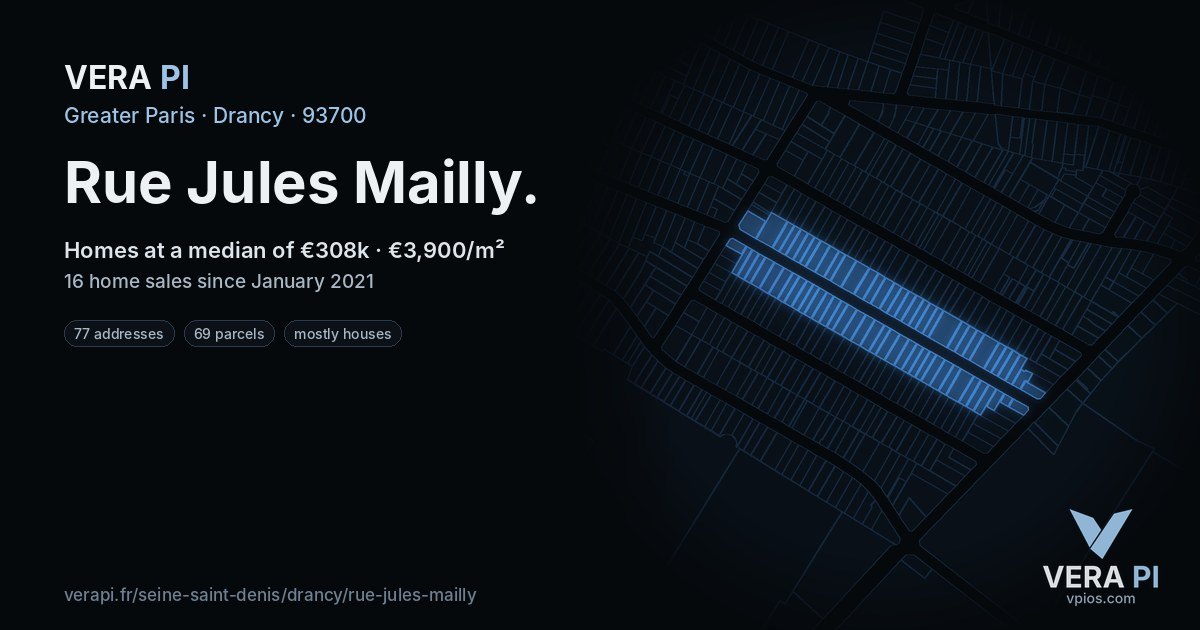Rue Jules Mailly, Drancy at night – every parcel coloured by the prices around it, the street's own parcels lit