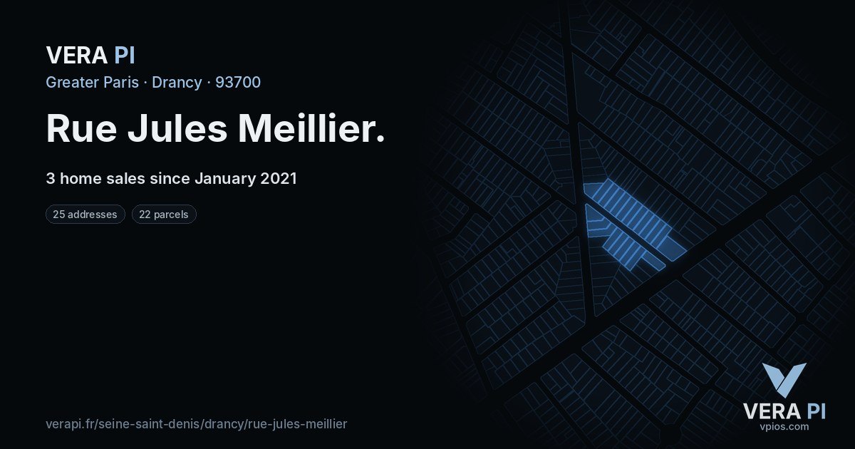 Rue Jules Meillier, Drancy at night – every parcel coloured by the prices around it, the street's own parcels lit