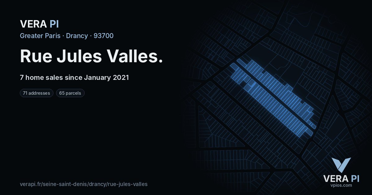 Rue Jules Valles, Drancy at night – every parcel coloured by the prices around it, the street's own parcels lit
