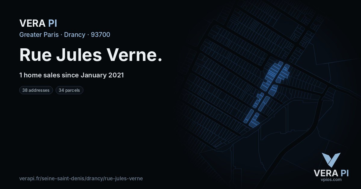 Rue Jules Verne, Drancy at night – every parcel coloured by the prices around it, the street's own parcels lit