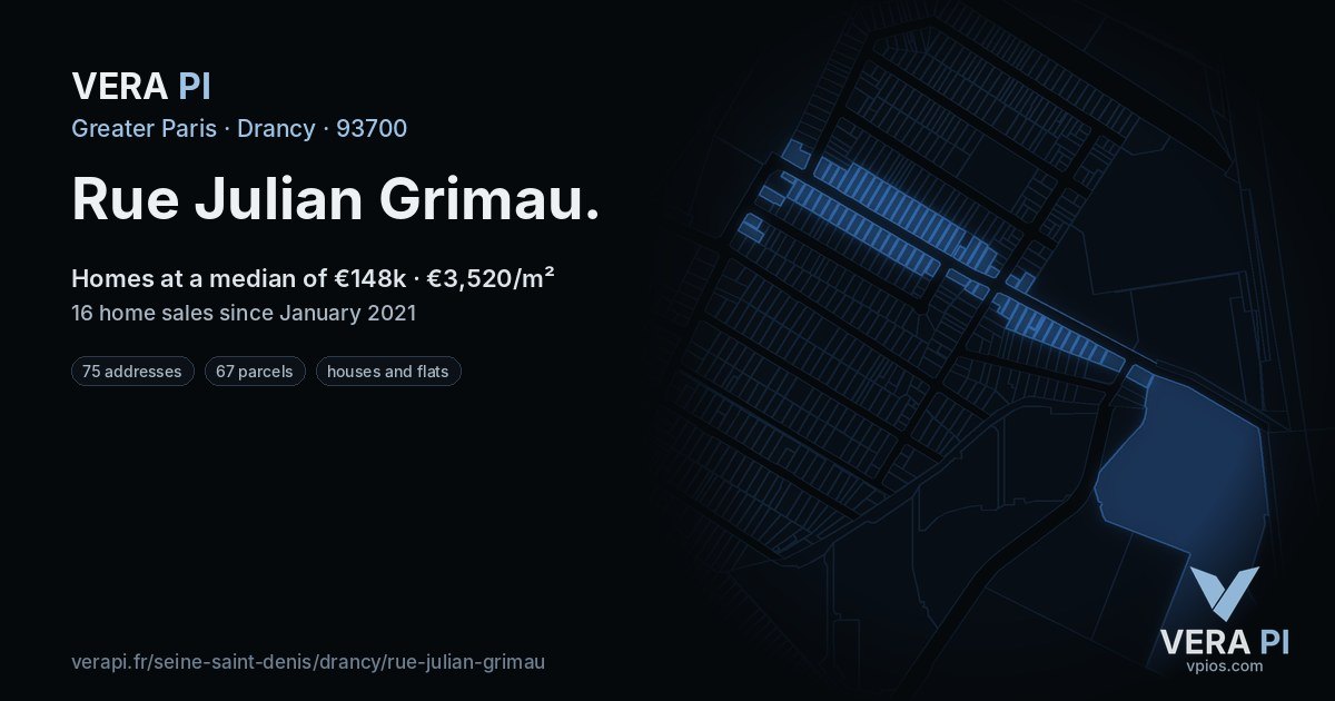 Rue Julian Grimau, Drancy at night – every parcel coloured by the prices around it, the street's own parcels lit