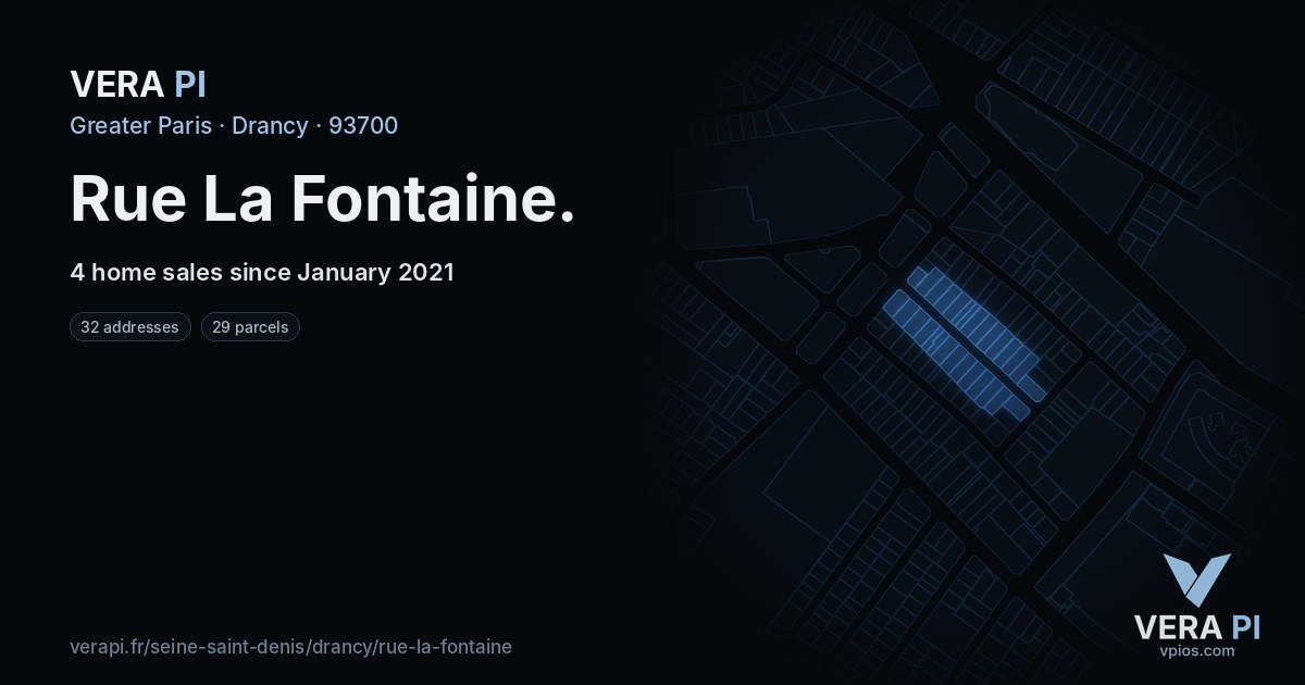 Rue La Fontaine, Drancy at night – every parcel coloured by the prices around it, the street's own parcels lit