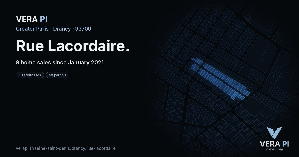 Rue Lacordaire, Drancy at night – every parcel coloured by the prices around it, the street's own parcels lit