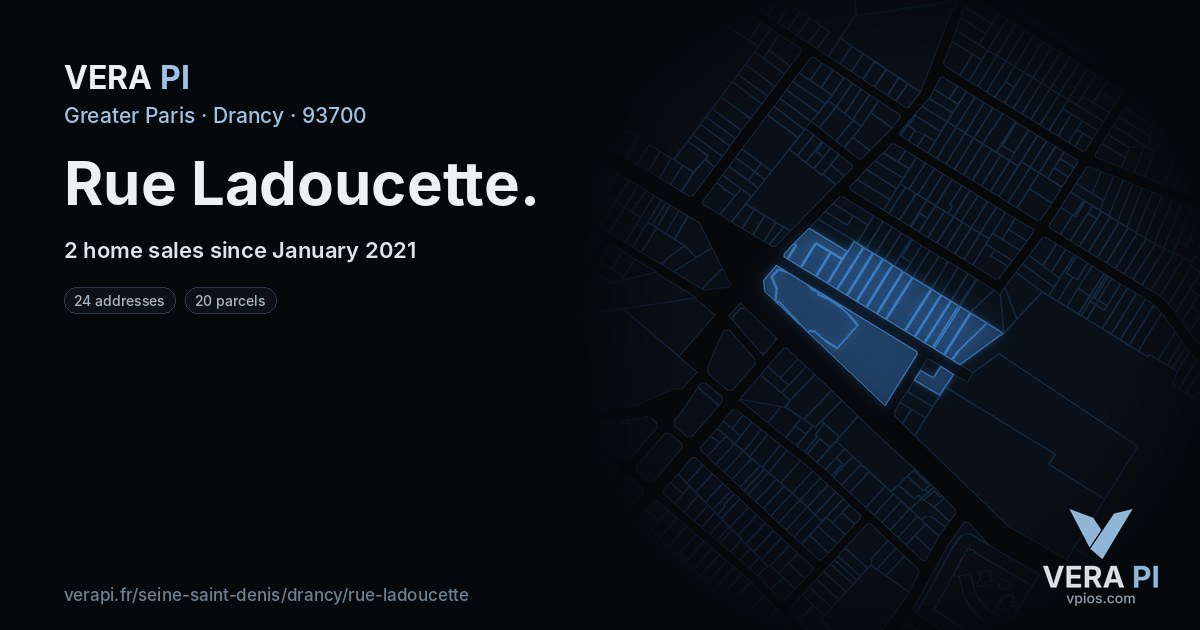 Rue Ladoucette, Drancy at night – every parcel coloured by the prices around it, the street's own parcels lit