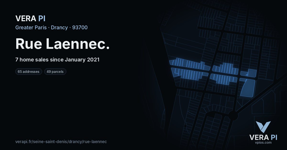 Rue Laennec, Drancy at night – every parcel coloured by the prices around it, the street's own parcels lit