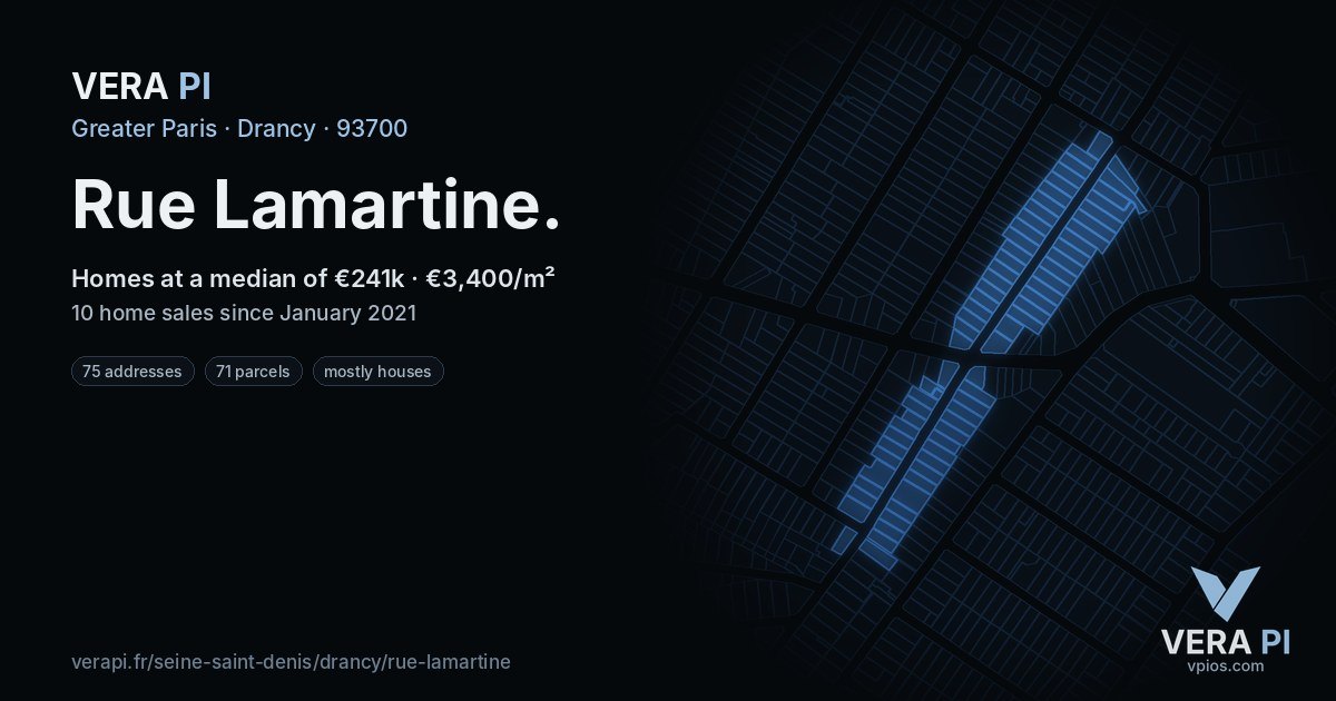 Rue Lamartine, Drancy at night – every parcel coloured by the prices around it, the street's own parcels lit