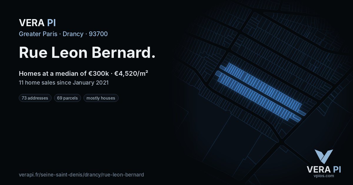 Rue Leon Bernard, Drancy at night – every parcel coloured by the prices around it, the street's own parcels lit