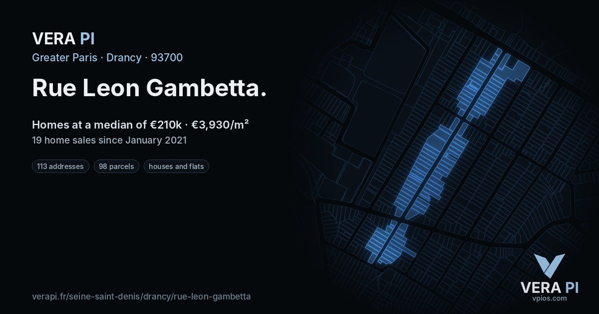 Rue Leon Gambetta, Drancy at night – every parcel coloured by the prices around it, the street's own parcels lit