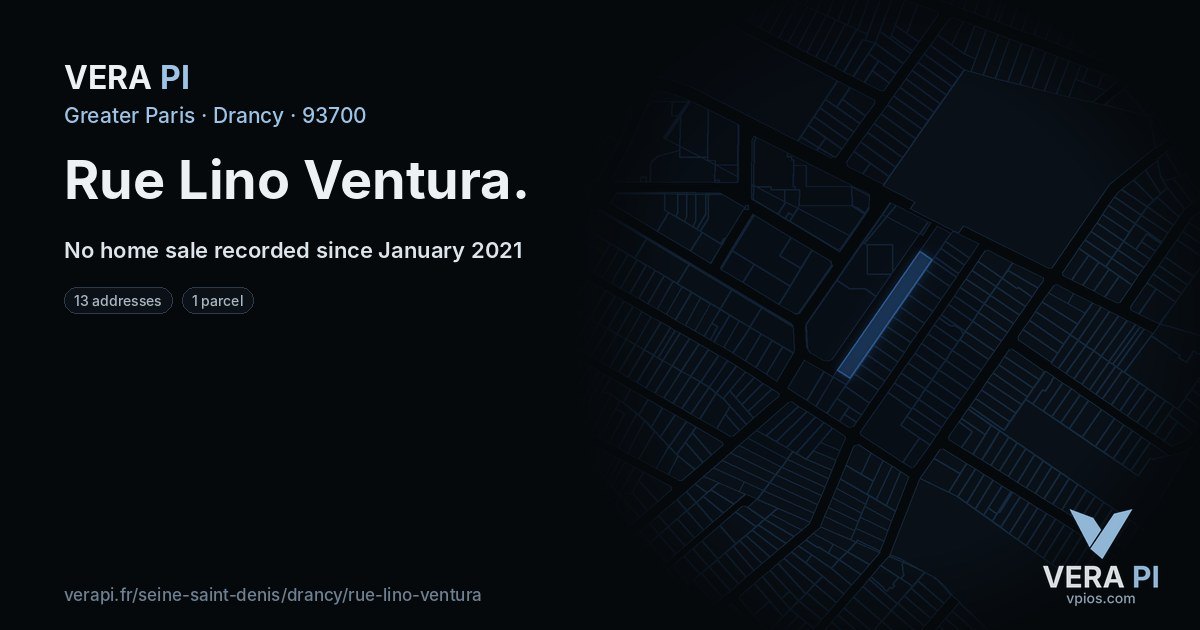 Rue Lino Ventura, Drancy at night – every parcel coloured by the prices around it, the street's own parcels lit