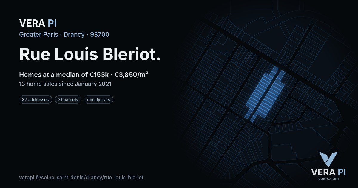 Rue Louis Bleriot, Drancy at night – every parcel coloured by the prices around it, the street's own parcels lit
