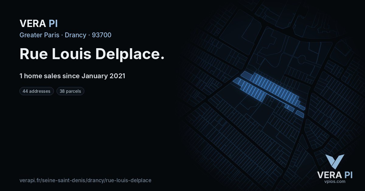 Rue Louis Delplace, Drancy at night – every parcel coloured by the prices around it, the street's own parcels lit