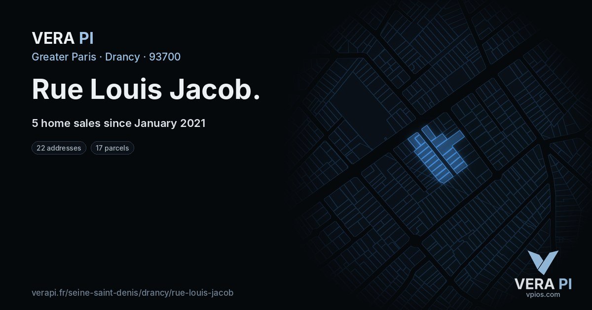 Rue Louis Jacob, Drancy at night – every parcel coloured by the prices around it, the street's own parcels lit