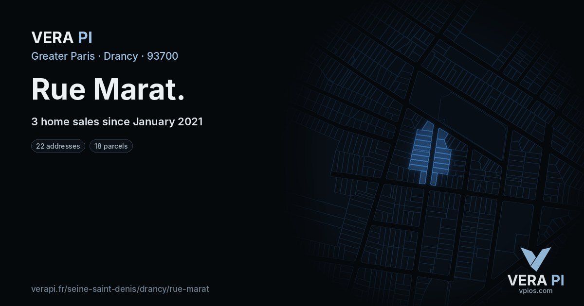 Rue Marat, Drancy at night – every parcel coloured by the prices around it, the street's own parcels lit