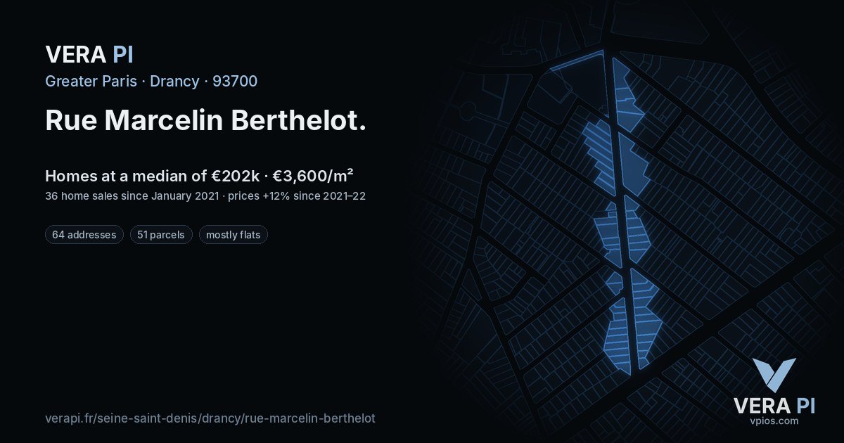 Rue Marcelin Berthelot, Drancy at night – every parcel coloured by the prices around it, the street's own parcels lit