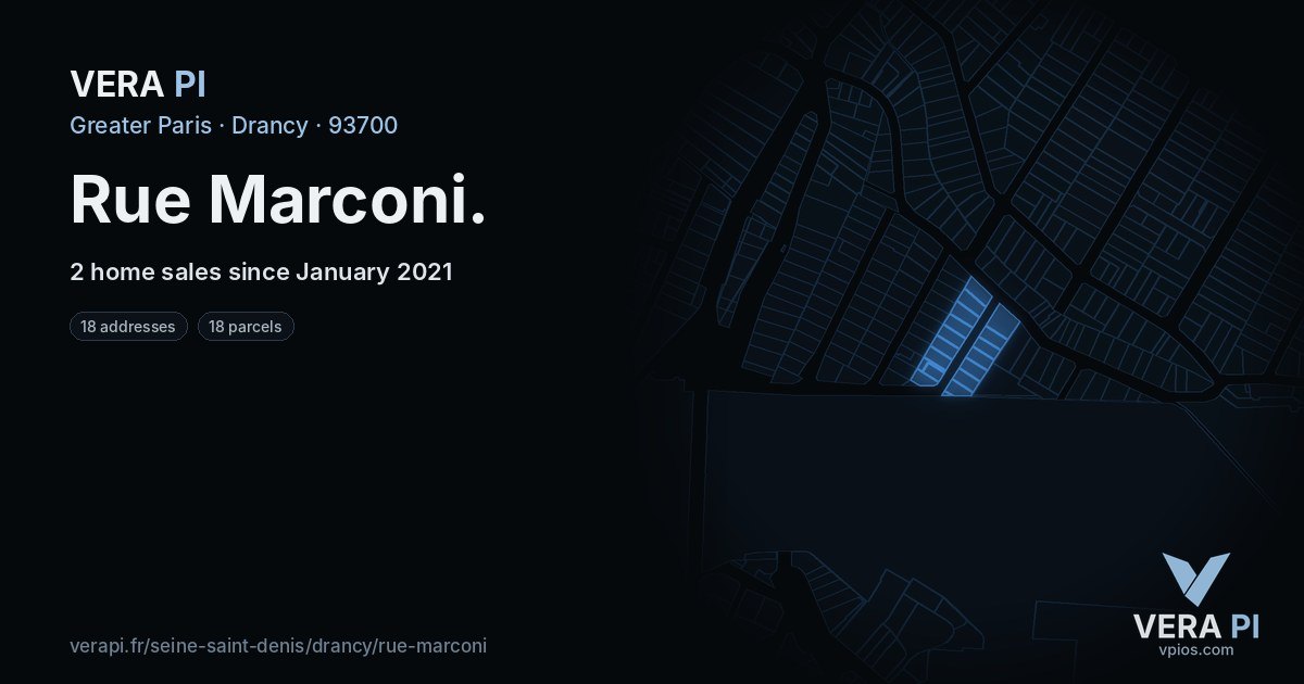Rue Marconi, Drancy at night – every parcel coloured by the prices around it, the street's own parcels lit