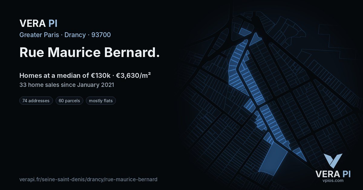 Rue Maurice Bernard, Drancy at night – every parcel coloured by the prices around it, the street's own parcels lit