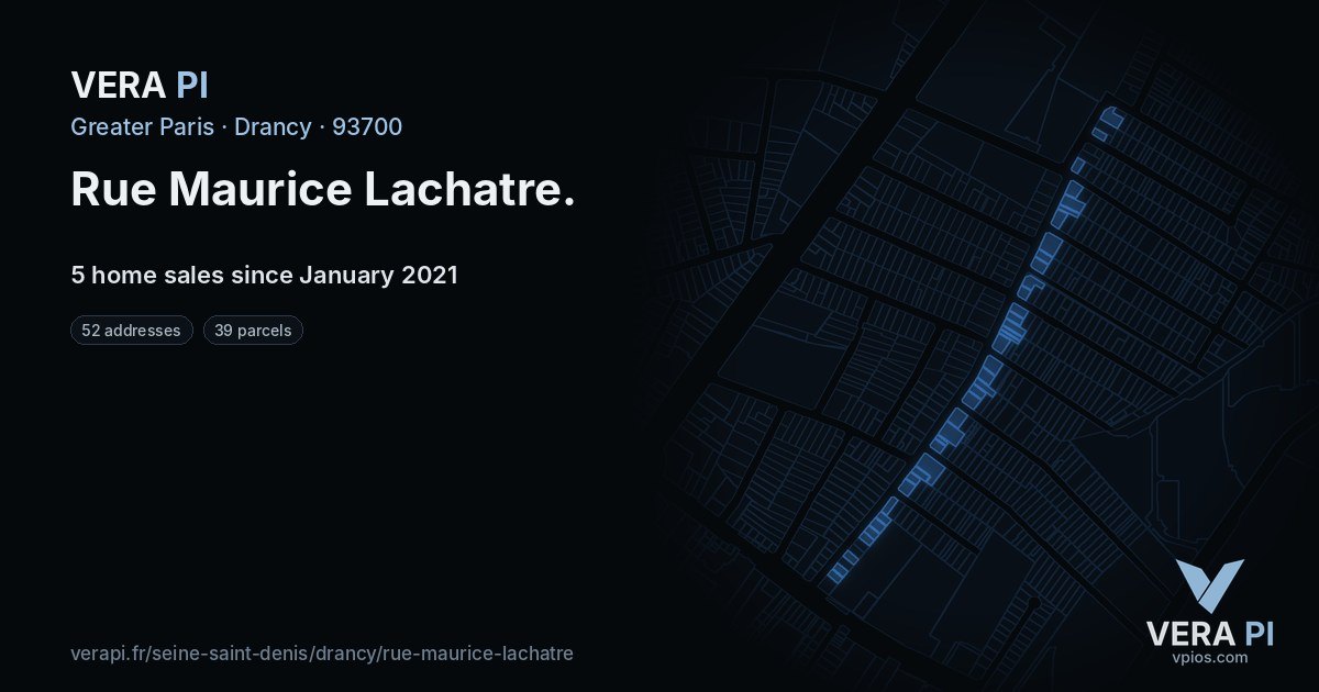 Rue Maurice Lachatre, Drancy at night – every parcel coloured by the prices around it, the street's own parcels lit