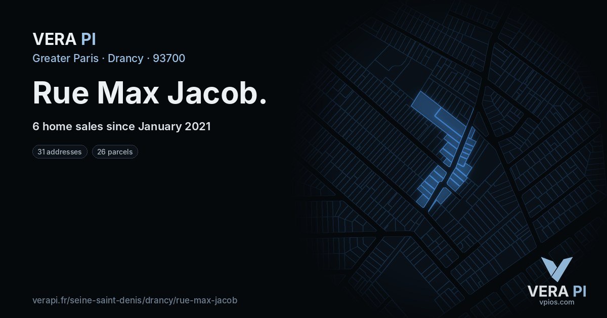 Rue Max Jacob, Drancy at night – every parcel coloured by the prices around it, the street's own parcels lit