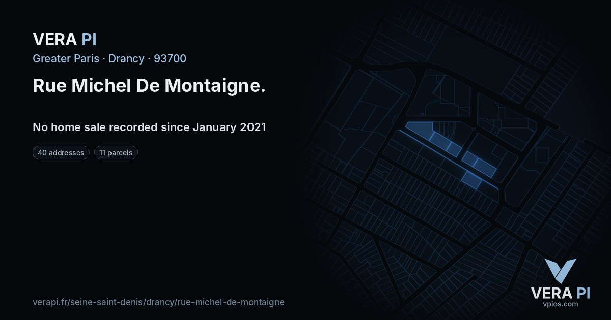 Rue Michel De Montaigne, Drancy at night – every parcel coloured by the prices around it, the street's own parcels lit