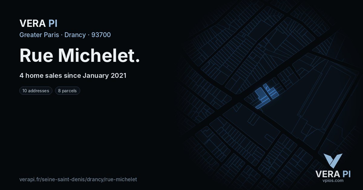 Rue Michelet, Drancy at night – every parcel coloured by the prices around it, the street's own parcels lit