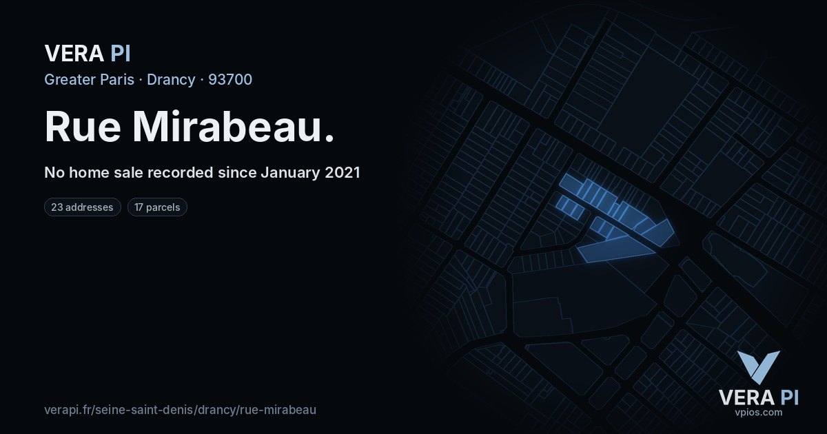 Rue Mirabeau, Drancy at night – every parcel coloured by the prices around it, the street's own parcels lit