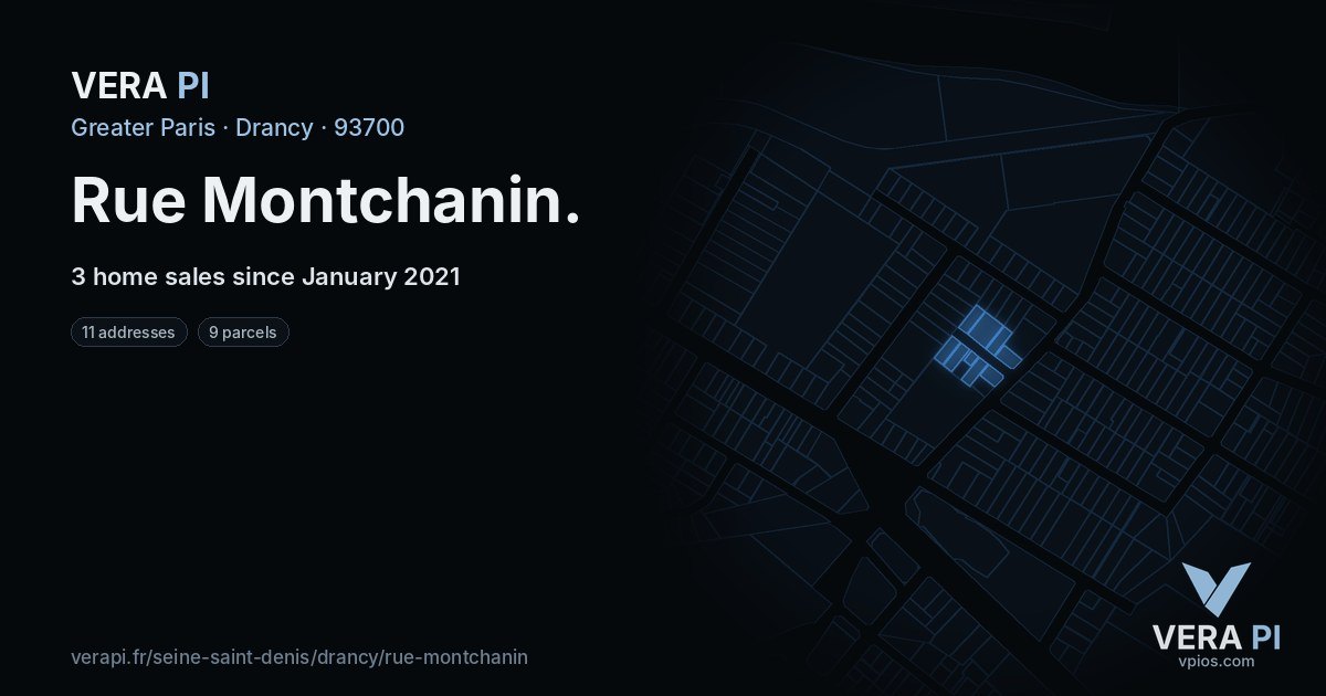 Rue Montchanin, Drancy at night – every parcel coloured by the prices around it, the street's own parcels lit