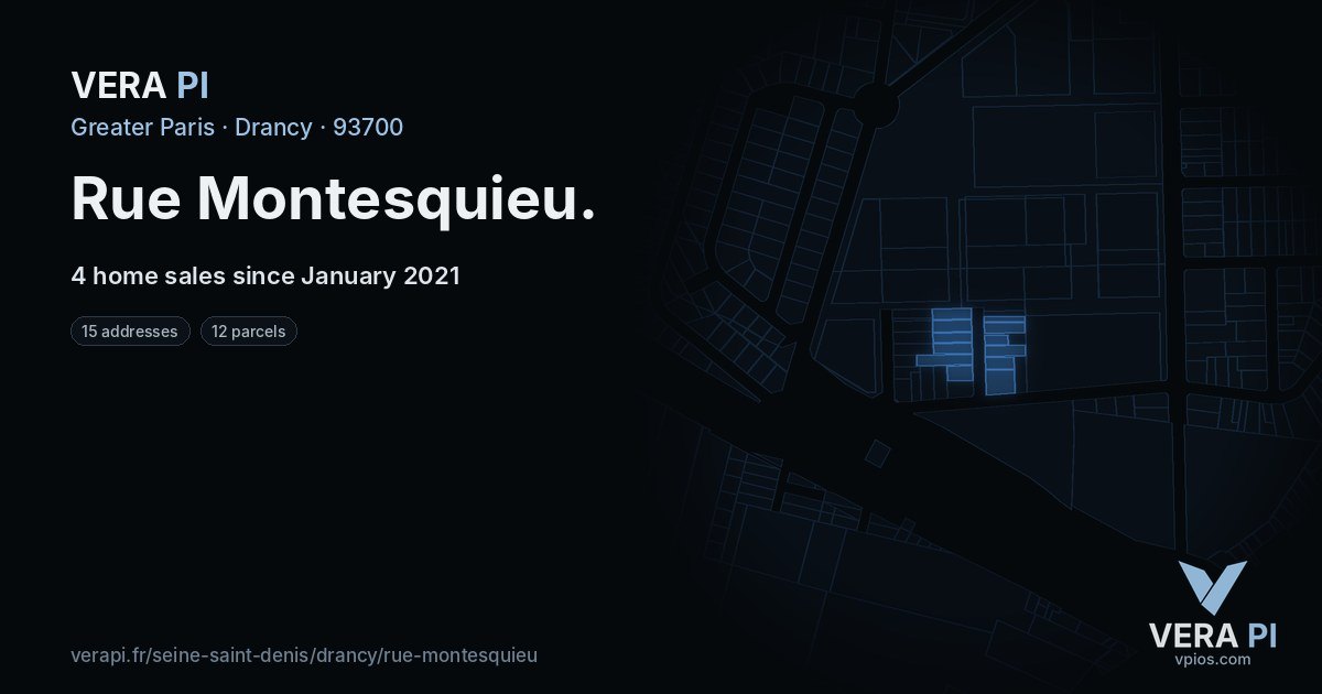 Rue Montesquieu, Drancy at night – every parcel coloured by the prices around it, the street's own parcels lit