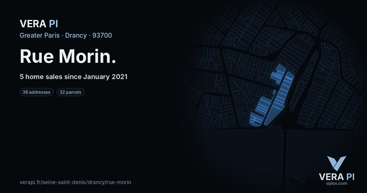Rue Morin, Drancy at night – every parcel coloured by the prices around it, the street's own parcels lit
