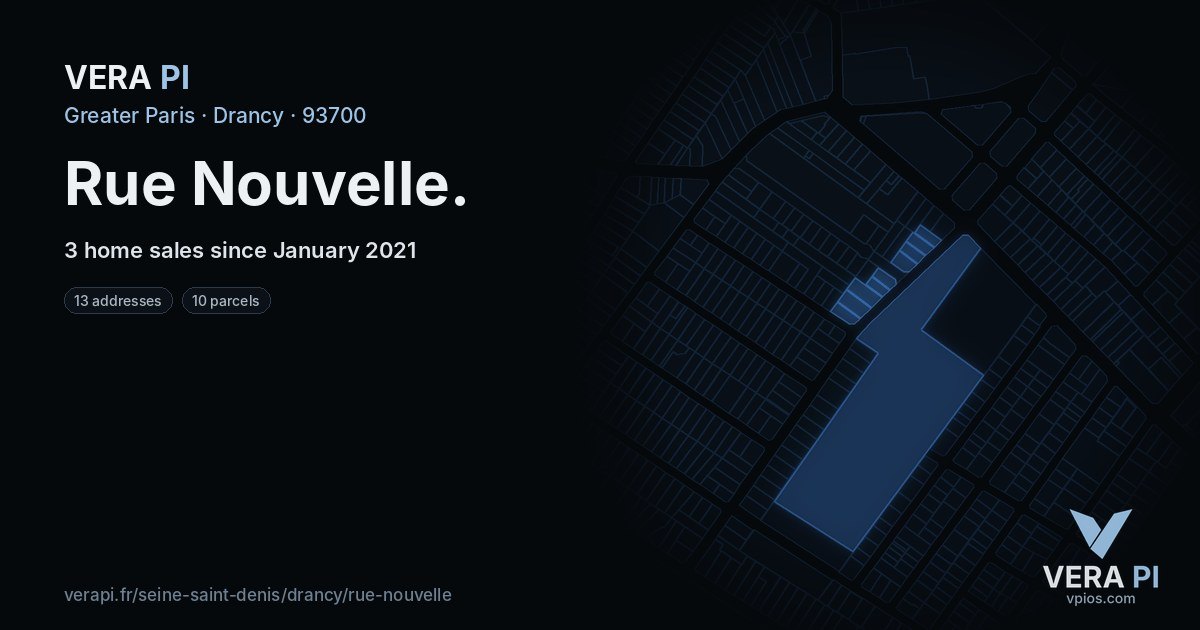 Rue Nouvelle, Drancy at night – every parcel coloured by the prices around it, the street's own parcels lit
