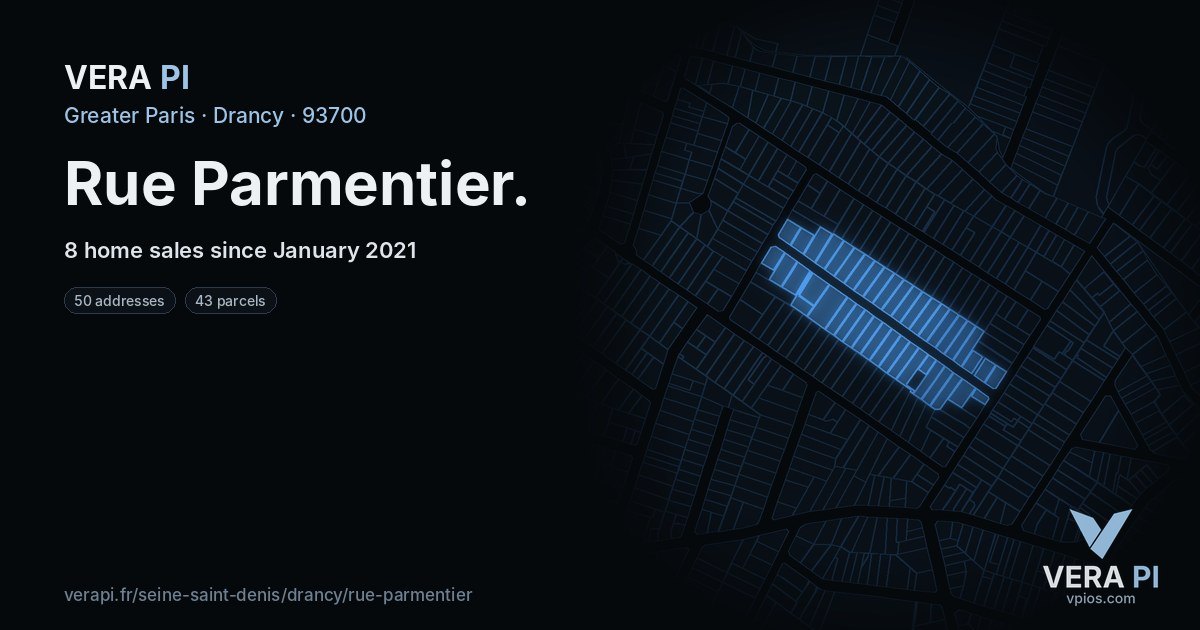 Rue Parmentier, Drancy at night – every parcel coloured by the prices around it, the street's own parcels lit