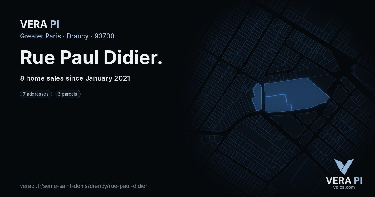Rue Paul Didier, Drancy at night – every parcel coloured by the prices around it, the street's own parcels lit
