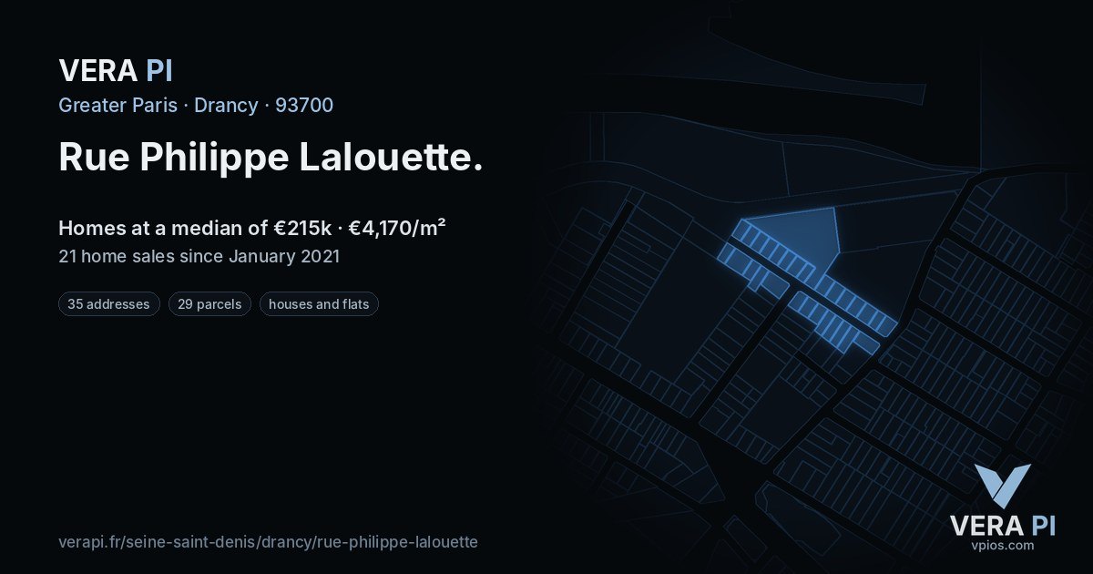 Rue Philippe Lalouette, Drancy at night – every parcel coloured by the prices around it, the street's own parcels lit