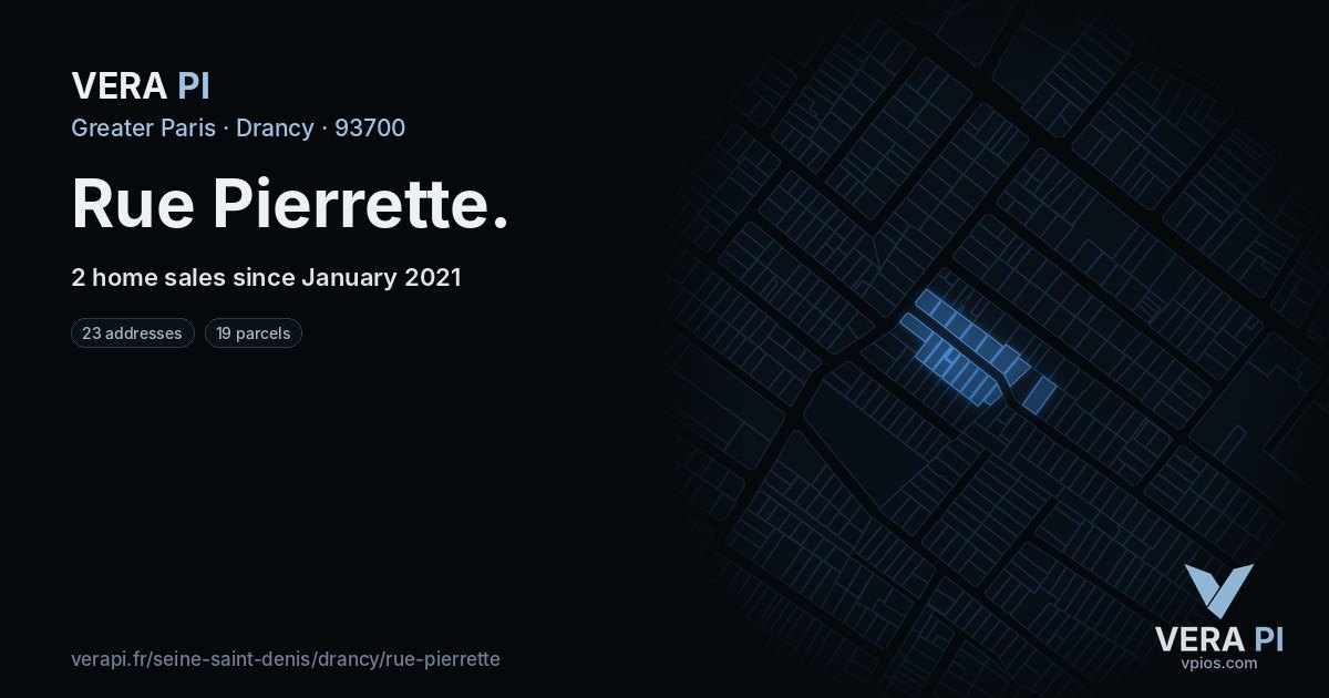 Rue Pierrette, Drancy at night – every parcel coloured by the prices around it, the street's own parcels lit