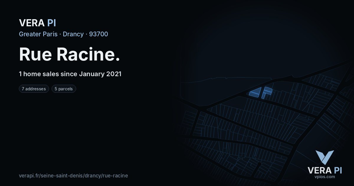 Rue Racine, Drancy at night – every parcel coloured by the prices around it, the street's own parcels lit