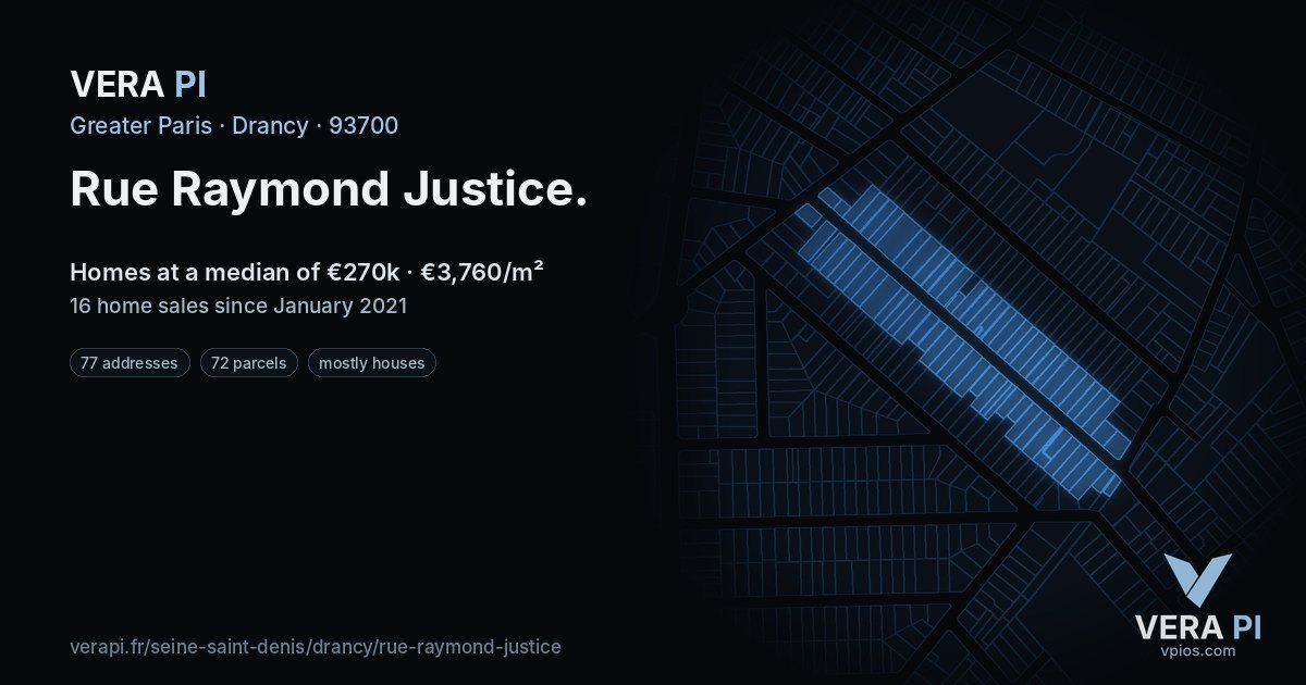 Rue Raymond Justice, Drancy at night – every parcel coloured by the prices around it, the street's own parcels lit