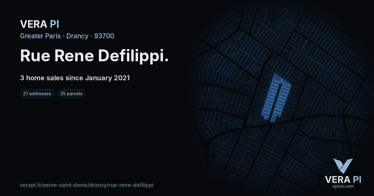 Rue Rene Defilippi, Drancy at night – every parcel coloured by the prices around it, the street's own parcels lit