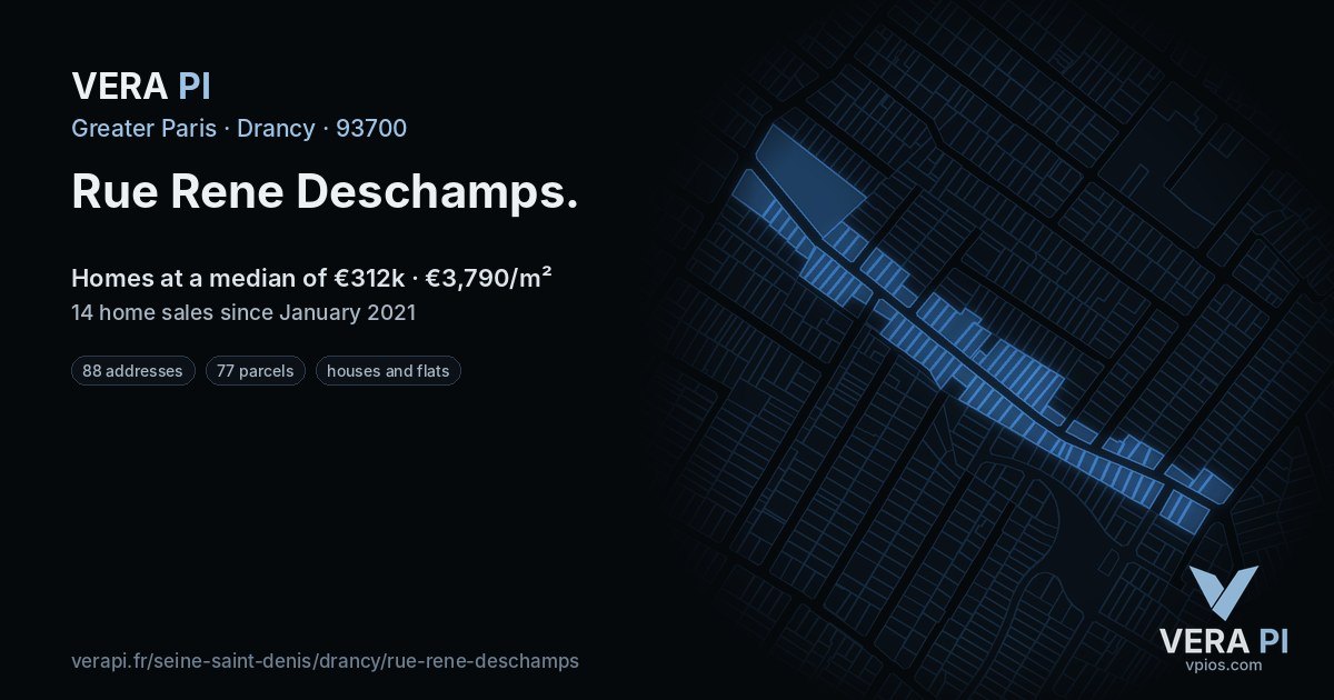 Rue Rene Deschamps, Drancy at night – every parcel coloured by the prices around it, the street's own parcels lit