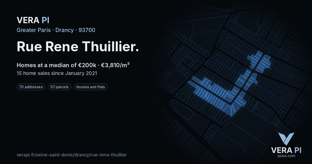 Rue Rene Thuillier, Drancy at night – every parcel coloured by the prices around it, the street's own parcels lit