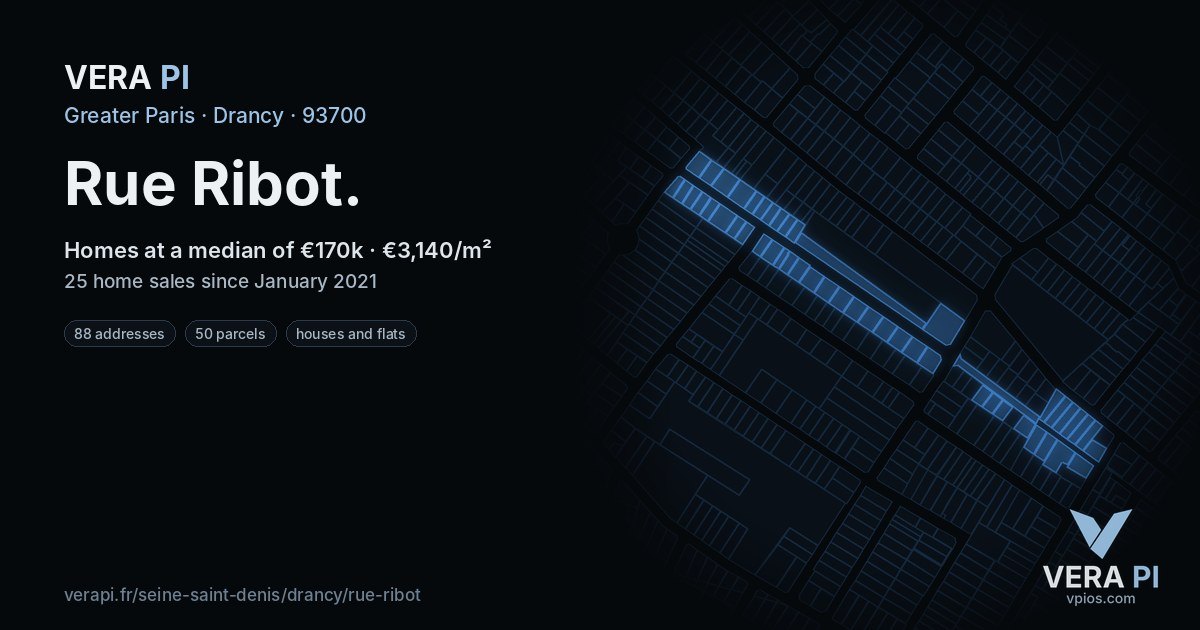 Rue Ribot, Drancy at night – every parcel coloured by the prices around it, the street's own parcels lit