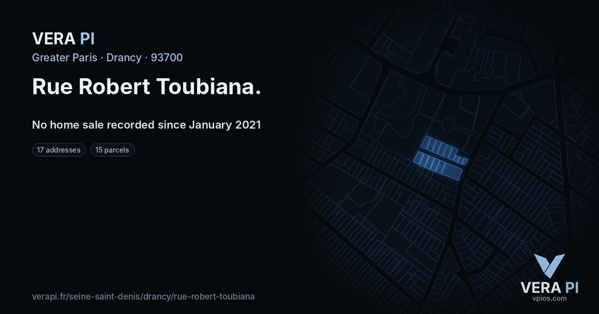 Rue Robert Toubiana, Drancy at night – every parcel coloured by the prices around it, the street's own parcels lit