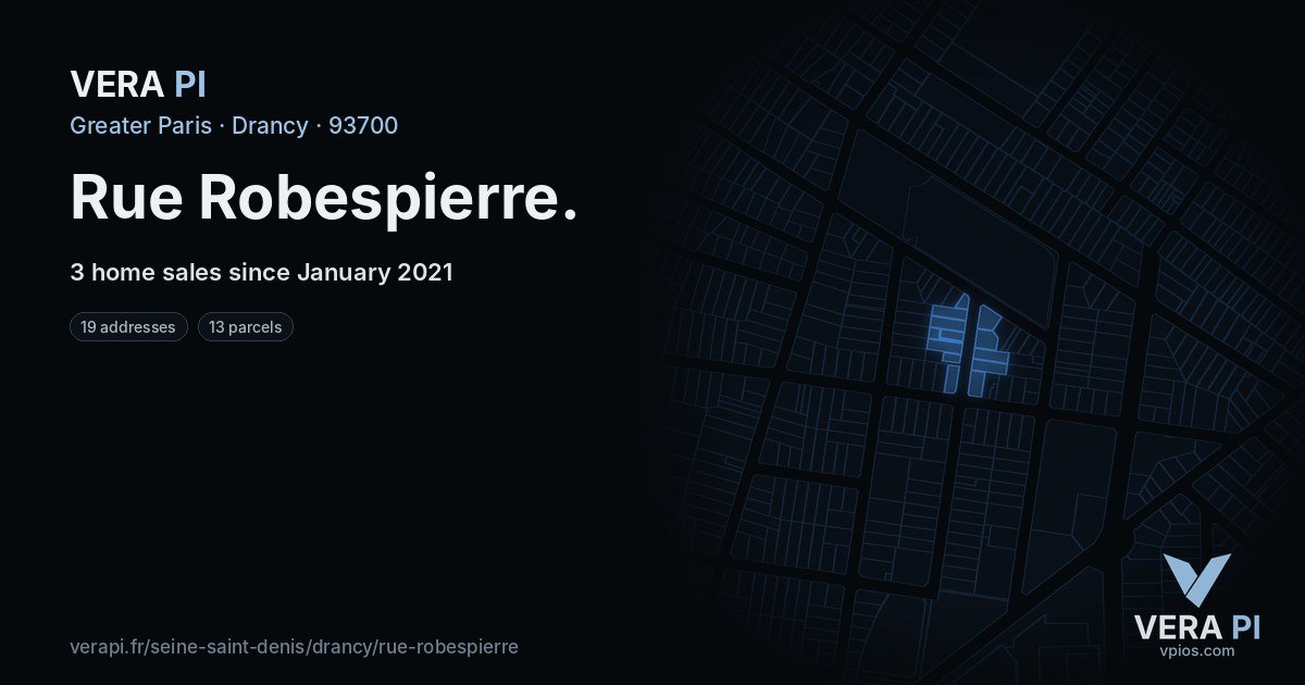 Rue Robespierre, Drancy at night – every parcel coloured by the prices around it, the street's own parcels lit