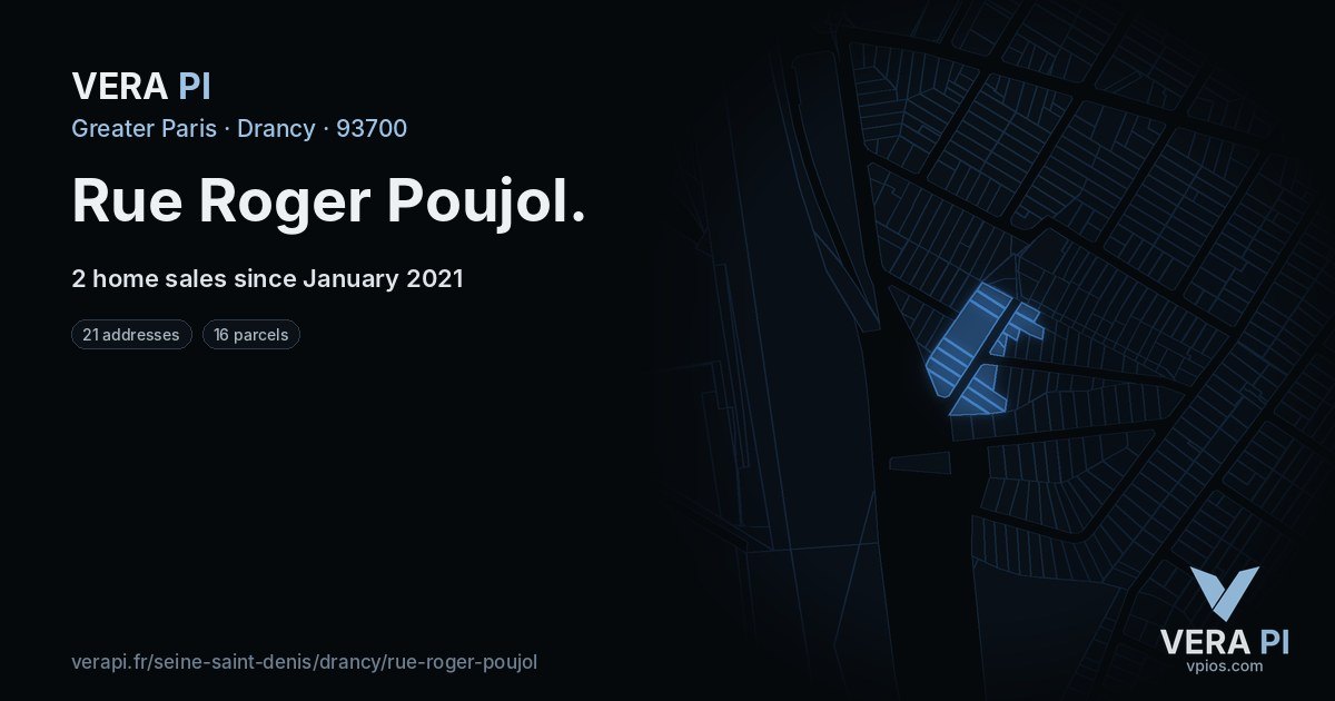 Rue Roger Poujol, Drancy at night – every parcel coloured by the prices around it, the street's own parcels lit