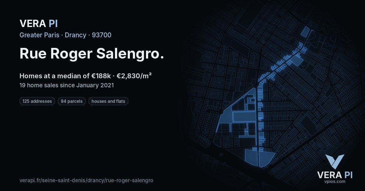 Rue Roger Salengro, Drancy at night – every parcel coloured by the prices around it, the street's own parcels lit