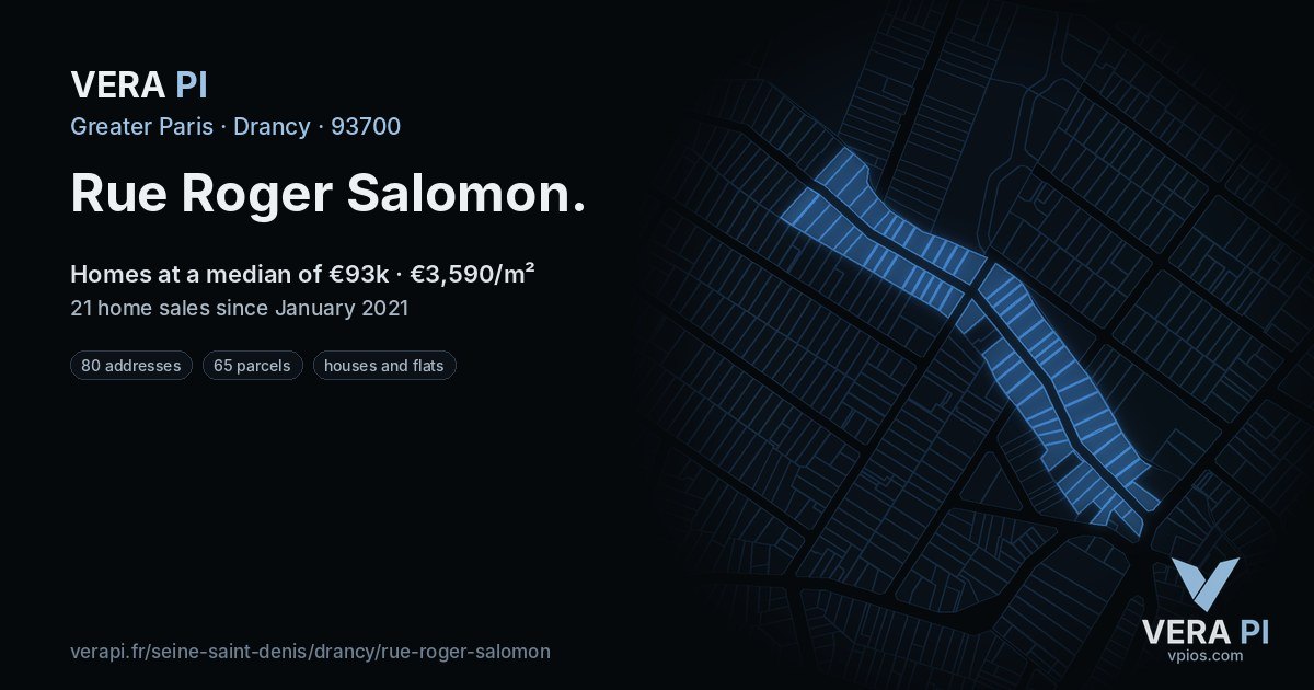 Rue Roger Salomon, Drancy at night – every parcel coloured by the prices around it, the street's own parcels lit