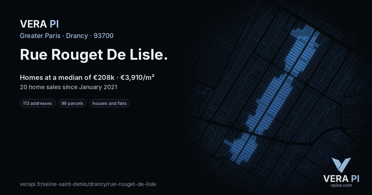 Rue Rouget De Lisle, Drancy at night – every parcel coloured by the prices around it, the street's own parcels lit
