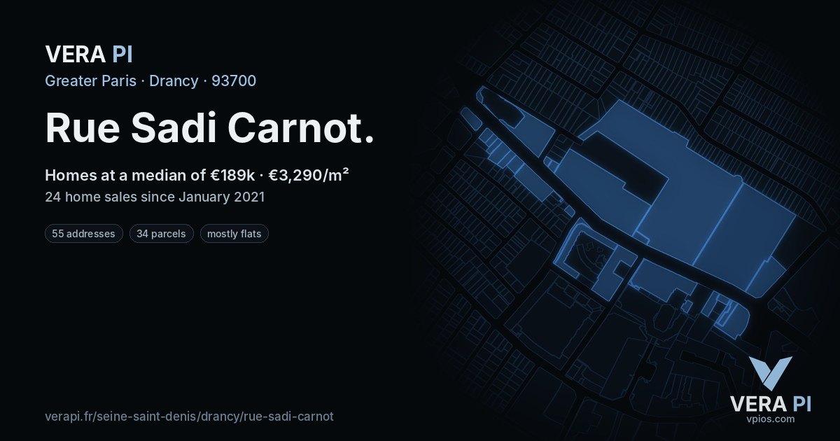 Rue Sadi Carnot, Drancy at night – every parcel coloured by the prices around it, the street's own parcels lit