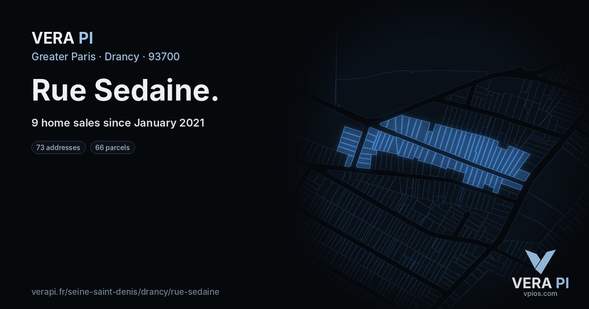 Rue Sedaine, Drancy at night – every parcel coloured by the prices around it, the street's own parcels lit