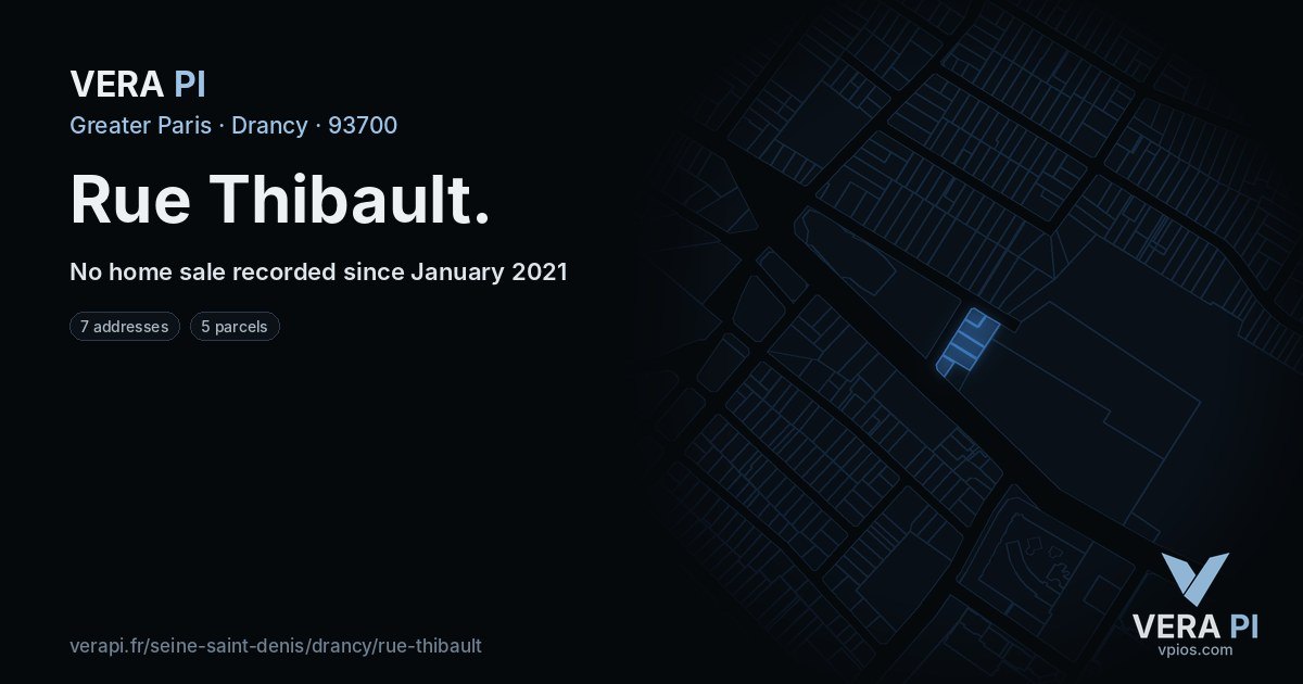 Rue Thibault, Drancy at night – every parcel coloured by the prices around it, the street's own parcels lit