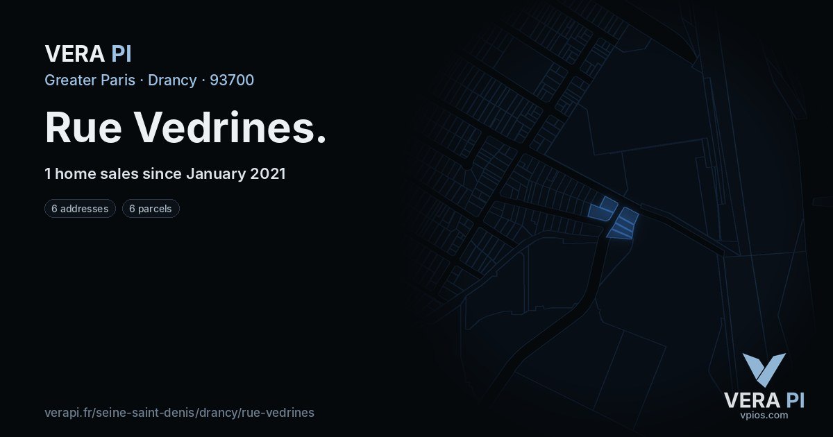 Rue Vedrines, Drancy at night – every parcel coloured by the prices around it, the street's own parcels lit