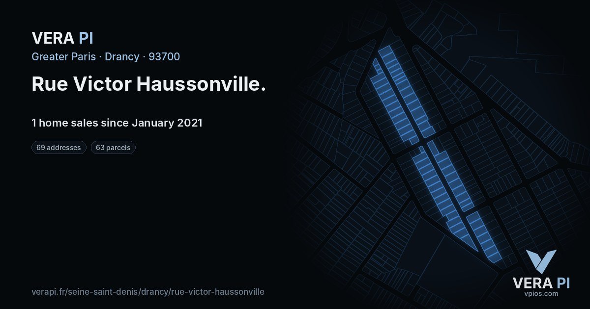 Rue Victor Haussonville, Drancy at night – every parcel coloured by the prices around it, the street's own parcels lit
